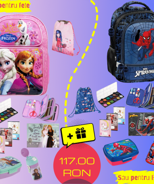 Set complet Înapoi la Școală Frozen sau Spiderman – Rucsac, Penar 3 compartimente cu rechizite, Creioane, Pixuri, Săculeț sport, Sticlă de apă, Lunchbox, Acuarele, Bloc de desen A4, 3 Caiete