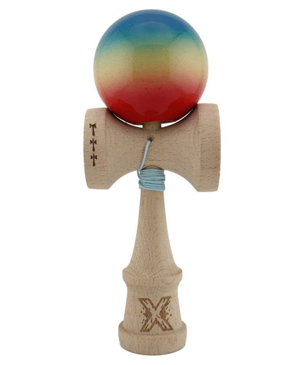 Kendama X Originala, Profesionala, Flippy, Big Cups V2, Super Sticky Cupe Mari, Rulment Metalic cu Ata 55 cm, Albastru/Gri/Bleu