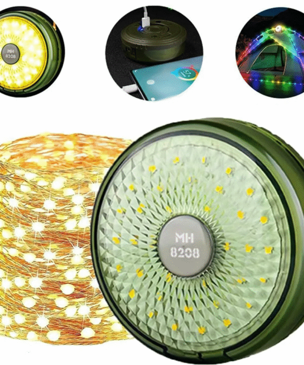 Ghirlanda luminoasa camping, lanterna si functie de baterie externa, LED, reincarcabila USB, portabila, 8 moduri de iluminare, 10 m, agatatoare, carcasa verde
