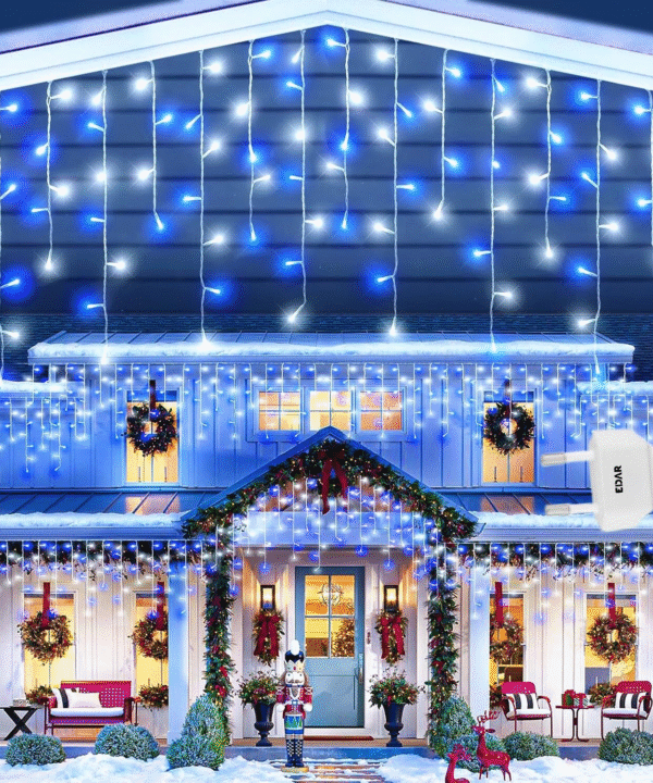 set 4 x Instalatii De Craciun EDAR Model Turturi, 12 m, 300 Led-uri, Cu 8 Jocuri De Lumini, Franjuri, Pentru Exterior/Interior, Rezistent la Ploaie si Zapada, Interconectabila, Fir Transparent, Alimentare Priza, Alb/Albastru